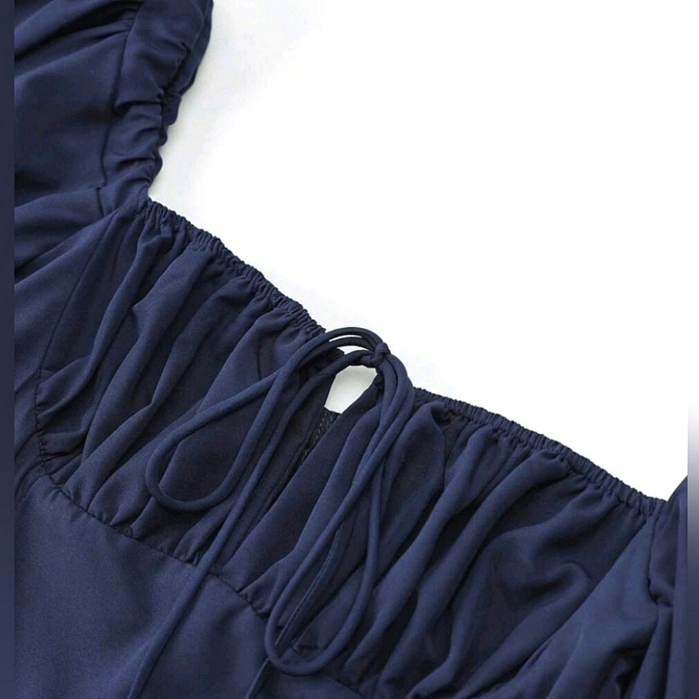 New Vintage Look Tie Ruched Top Split Maxi Dress Navy Blue - Picture 8 of 12